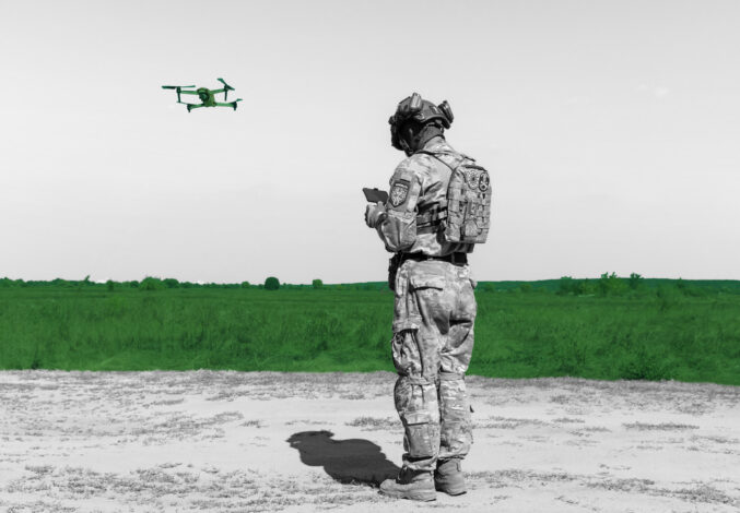 A drone operator from field medicine division Hospitallers launch a quadrocopter to search for the wounded on the battlefield. Field tests of THeMIS crawler drone
